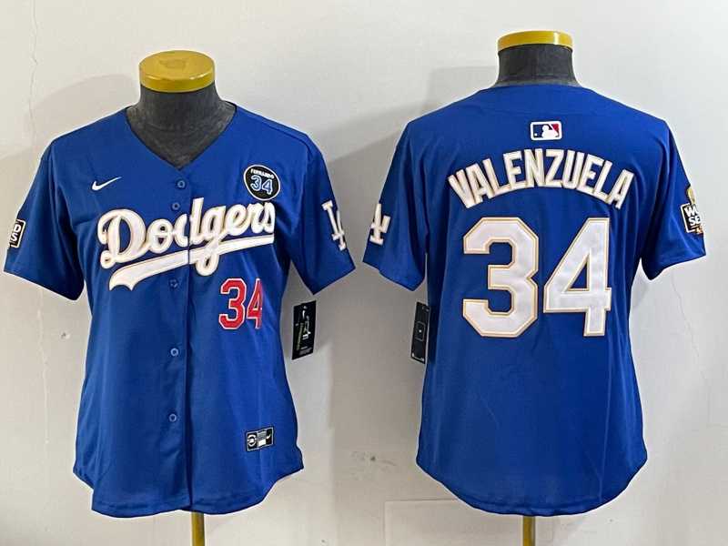 Womens Los Angeles Dodgers #34 Toro Valenzuela blue Gold 2024 World Series With Fernando Memorial Patch Limited Stitched Jersey